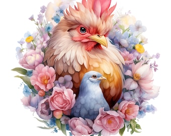 4 PNG Flower and Chicken Illustration Clipart, Floral Easter Chicken Illustrations Clip art, Garden Farmer Chicken Sublimation.