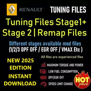 Puede incluir: Una descarga digital de archivos de ajuste para Renault, que ofrece opciones de reprogramación Stage 1+ y Stage 2. La imagen destaca características como el par y la potencia máximos, el bajo consumo de combustible, la desactivación del FAP/EGR y el cambio de límite de velocidad. El texto "Nueva edición 2025" y "Descarga instantánea" también es visible.