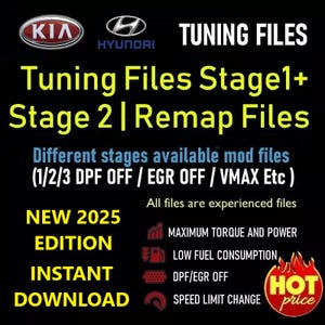 Könnte beinhalten: Schwarze Grafik mit den Logos von Kia und Hyundai, Text mit der Aufschrift „TUNING FILES“ und „Tuning Files Stage1+ Stage 2 | Remap Files“. Zusätzlicher Text enthält „NEW 2025 EDITION“ und „INSTANT DOWNLOAD“.