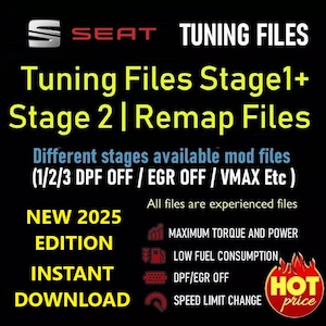Puede incluir: Un gráfico negro y rojo con el texto "SEAT TUNING FILES" y "Tuning Files Stage 1+ Stage 2 | Remap Files". El gráfico también incluye el texto "Different stages available mod files (1/2/3 DPF OFF / EGR OFF / VMAX Etc)" y "All files are experienced files". Debajo de este texto hay una lista de beneficios, que incluyen "MAXIMUM TORQUE AND POWER", "LOW FUEL CONSUMPTION", "DPF/EGR OFF" y "SPEED LIMIT CHANGE". El gráfico también incluye el texto "NEW 2025 EDITION INSTANT DOWNLOAD" y un gráfico rojo y amarillo que dice "HOT price".