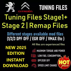Könnte beinhalten: Schwarze Grafik mit dem Text "TUNING FILES" und "Tuning Files Stage1+ Stage 2 | Remap Files." Enthält Logos von Citroën und Peugeot. Zeigt "NEUE 2025 EDITION" und "SOFORTIGER DOWNLOAD." Außerdem "MAXIMALES DREHMOMENT UND LEISTUNG" und "NIEDRIGER KRAFTSTOFFVERBRAUCH."