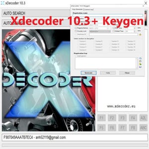 Peut inclure: Une capture d'écran d'un écran d'ordinateur affichant un programme logiciel appelé "xDecoder 10.3 Keygen". Le programme comporte une zone de texte pour saisir un nom d'enregistrement, un menu déroulant pour sélectionner une date d'enregistrement et une zone de texte pour saisir une clé d'enregistrement.