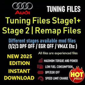 Può includere: File di tuning Audi Stage 1+ Stage 2 | File di rimappatura.  Diverse fasi disponibili file mod (1/2/3 DPF OFF / EGR OFF / VMAX Etc). Tutti i file sono file esperti.  Nuova edizione 2025 Download immediato.  Coppia e potenza massime, basso consumo di carburante, DPF/EGR disattivato, cambio di limite di velocità.  Prezzo caldo.