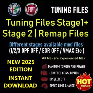 Könnte beinhalten: Ein digitales Bild, das Tuning-Dateien für Autos bewirbt. Das Bild zeigt die Logos von Alfa Romeo und Fiat sowie den Text "Tuning Files Stage 1+ Stage 2 | Remap Files". Das Bild enthält auch eine Liste von Funktionen, wie "Maximales Drehmoment und Leistung", "Niedriger Kraftstoffverbrauch", "DPF/EGR aus" und "Geschwindigkeitsbegrenzung ändern". Der Text "HOT price" ist ebenfalls auf dem Bild zu sehen.
