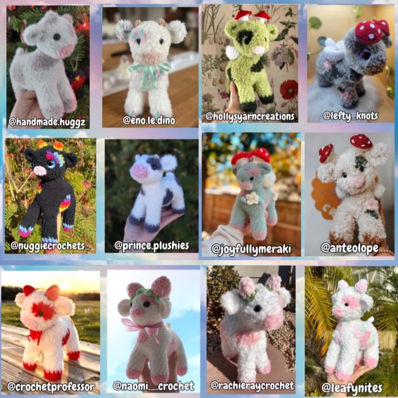 May include: A collage of 10 crocheted cow plushies in various colors and styles. The plushies are all handmade and feature different details, such as flowers, mushrooms, and spots. The plushies are displayed on a variety of backgrounds, including a wooden table, a green lawn, and a white wall.
