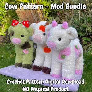 May include: Three crocheted cow plushies in different colors and patterns. The cow on the left is green with brown spots and pink accents. The middle cow is white with orange and brown spots. The cow on the right is white with pink and green spots. The plushies are sitting on a purple towel. The text "Cow Pattern + Mod Bundle" is at the top of the image. The text "Crochet Pattern Digital Download NO Physical Product" is at the bottom of the image.