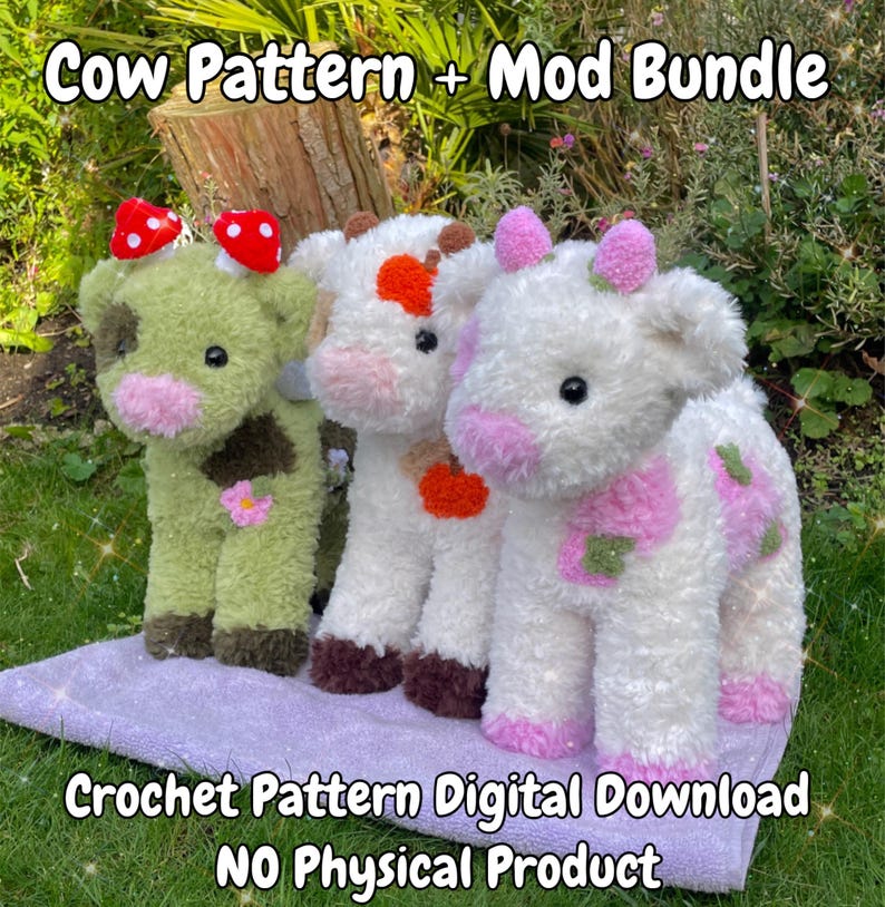 May include: Three crocheted cow plushies in different colors and patterns. The cow on the left is green with brown spots and pink accents. The middle cow is white with orange and brown spots. The cow on the right is white with pink and green spots. The plushies are sitting on a purple towel. The text "Cow Pattern + Mod Bundle" is at the top of the image. The text "Crochet Pattern Digital Download NO Physical Product" is at the bottom of the image.