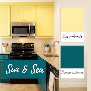 Couleurs des armoires de cuisine Sun & Sea | Idée de peinture pour armoire jaune + bleu sarcelle | Inspiration couleur à téléchargement numérique pour la rénovation maison