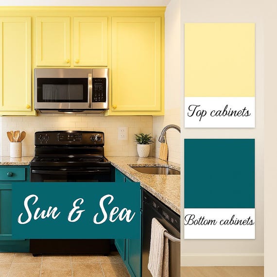 Yellow and Teal Kitchen Cabinet Color Scheme: Sun \u0026 Sea DIY Inspiration  (digital Download) - Etsy Australia, image size:570x570