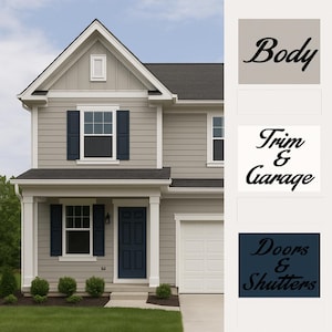 Modern Exterior House Color Scheme | Neutral Gray, White & Navy | Digital Sherwin-Williams Paint Palette for Curb Appeal