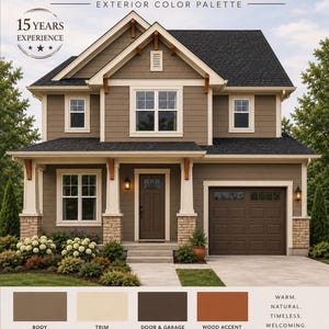 May include: A two-story house with brown horizontal siding, cream trim, and a dark brown garage door. The exterior color palette includes body, trim, door, and wood accent swatches labeled Saddle Creek. Text reads 15 Years Experience.