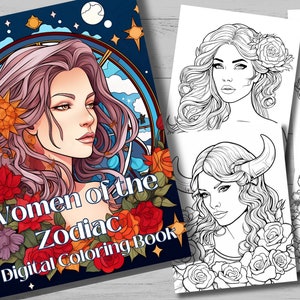 Women of the Zodiac: 14 Coloring Pages for Adults, Astrology, Celestial, Spiritual, Flowers, Printable Coloring Pages, Digital Coloring