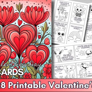 28 Printable Kids Valentine's Day Coloring Cards, Funny Valentines and Classroom Cards, Printable Coloring Pages, PDF & PNG Instant Download
