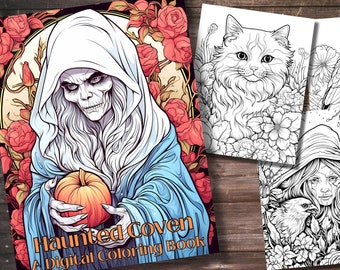15 Hexen Malseiten, Haunted Coven Malseiten zum Ausdrucken für Erwachsene und Kinder mit Hexen, Katzen und mehr, PNG und PDF Sofort-Download