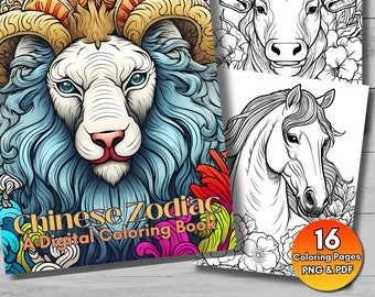 Chinese Zodiac: 16 Coloring Pages, Printable Astrology Coloring Pages for Adults + Kids,  Animals of the Zodiac , PNG & PDF Instant Download