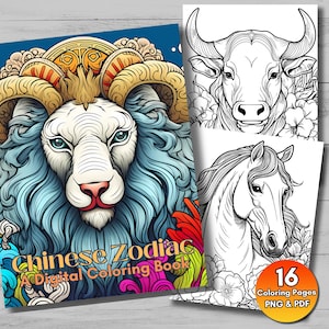Chinese Zodiac: 16 Coloring Pages, Printable Astrology Coloring Pages for Adults + Kids,  Animals of the Zodiac , PNG & PDF Instant Download