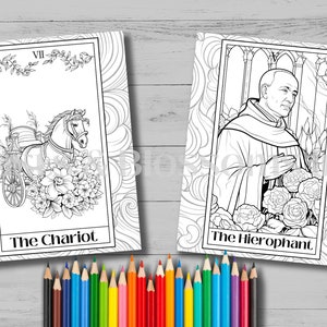 Image shows two of the coloring pages and a batch of colored pencils. The Chariot featuring a horse pulling a wagon surrounded by flowers and The Hierophant, featuring a priest surrounded by flowers.