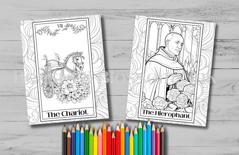 Image shows two of the coloring pages and a batch of colored pencils. The Chariot featuring a horse pulling a wagon surrounded by flowers and The Hierophant, featuring a priest surrounded by flowers.