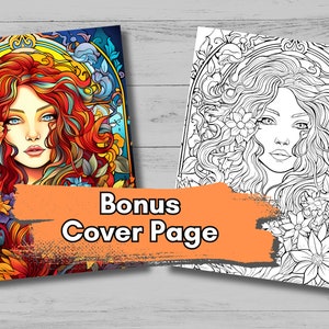 Images shows a colored version of the book cover and a black and white version of the cover. The cover is a stained glass depiction of a beautiful redhead woman surrounded by flowers in vivid colors.