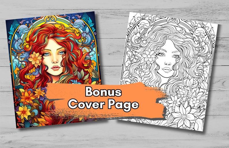 Images shows a colored version of the book cover and a black and white version of the cover. The cover is a stained glass depiction of a beautiful redhead woman surrounded by flowers in vivid colors.