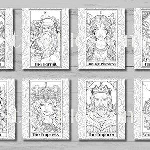 Image shows 8 of the coloring pages. Featuring The Lovers, The Hermit, The High Priestess, Temperance, Strength, The Empress, The Emporer and Wheel of Fortune.