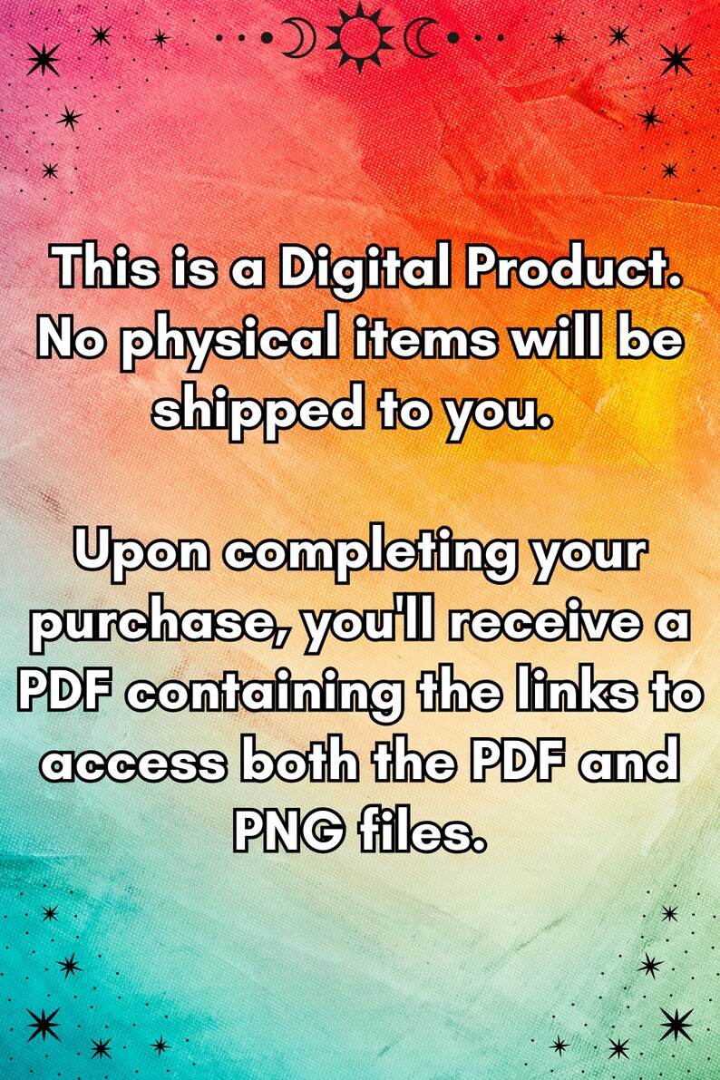 This is a digital product. No physical items will be shipped to you. Upon completing your order, you'll receive a PDF containing the links to access both the PDF and PNG files.