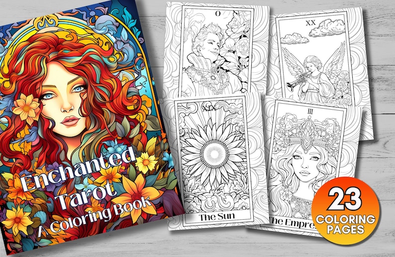 Enchanted Tarot coloring book cover featuring a beautiful red haired woman surrounded by colorful flowers. Image also shows 4 black and white tarot cards to color that are featured in the pack. The Sun, The Empress, The Fool and Judgement.