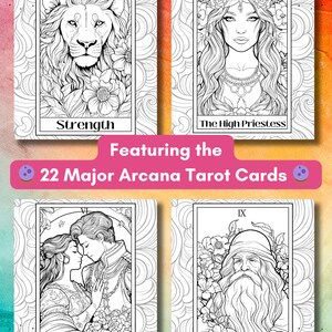 Social media image showing 4 of the coloring pages. Featuring Strength, The High Priestess, The Lovers, and The Hermit.