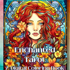 Social Media Image of the cover of the digital coloring book. The cover is a stained glass depiction of a beautiful redhead woman surrounded by flowers in vivid colors.