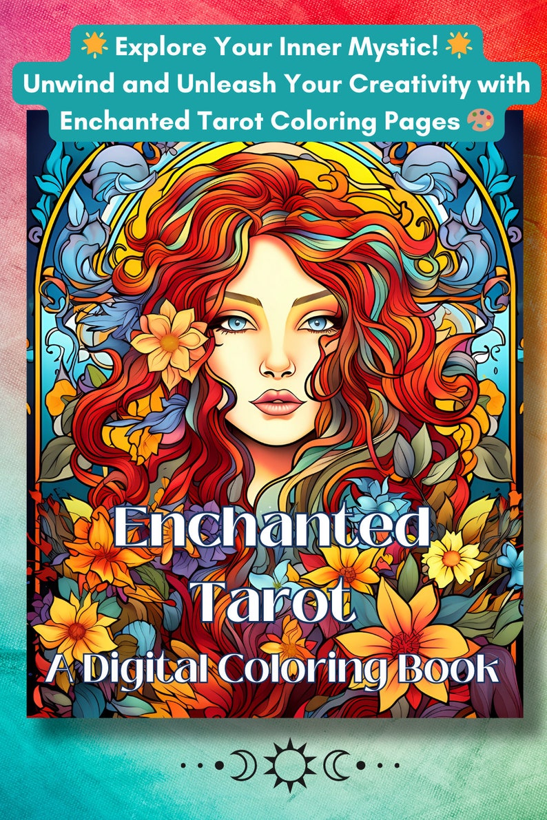 Social Media Image of the cover of the digital coloring book. The cover is a stained glass depiction of a beautiful redhead woman surrounded by flowers in vivid colors.