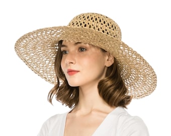 Cappello da sole in paglia di erba marina intrecciata a mano: cappello da spiaggia a tesa larga