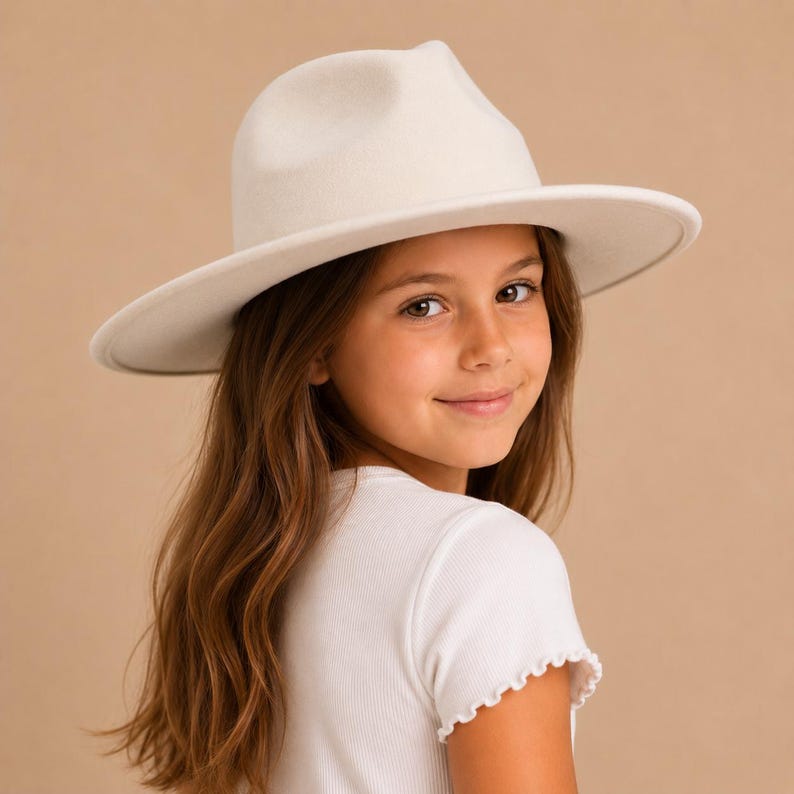 Kids Faux Felt Rancher Hat | Flat Brim | Adjustable Fit Ivory