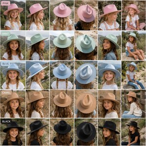 May include: A collection of fedora hats in pink, mint, blue, camel, and black, shown in various angles on individuals. Each hat features a structured crown and a wide brim, presented in a grid format categorised by colour labels on the left side.