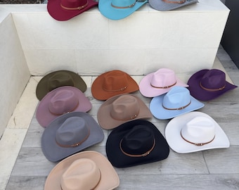 Peut inclure: Une collection de 14 chapeaux de cowboy en feutre de différentes couleurs, dont le marron, le gris, le bleu, le rose, le violet et le blanc. Chaque chapeau est doté d'une bande en cuir marron avec une boucle en métal.