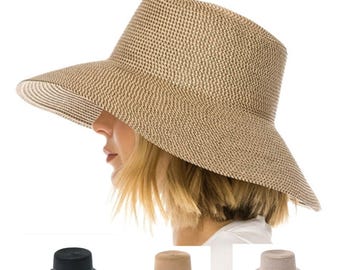 Packable Straw Bucket Hat, Wide Brim Sun Protection, Waterproof Beach Travel (UPF 50+)