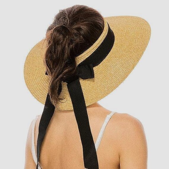 Straw Visor Hat: Wide Brim Sun Hat With Black Ribbon Bow 