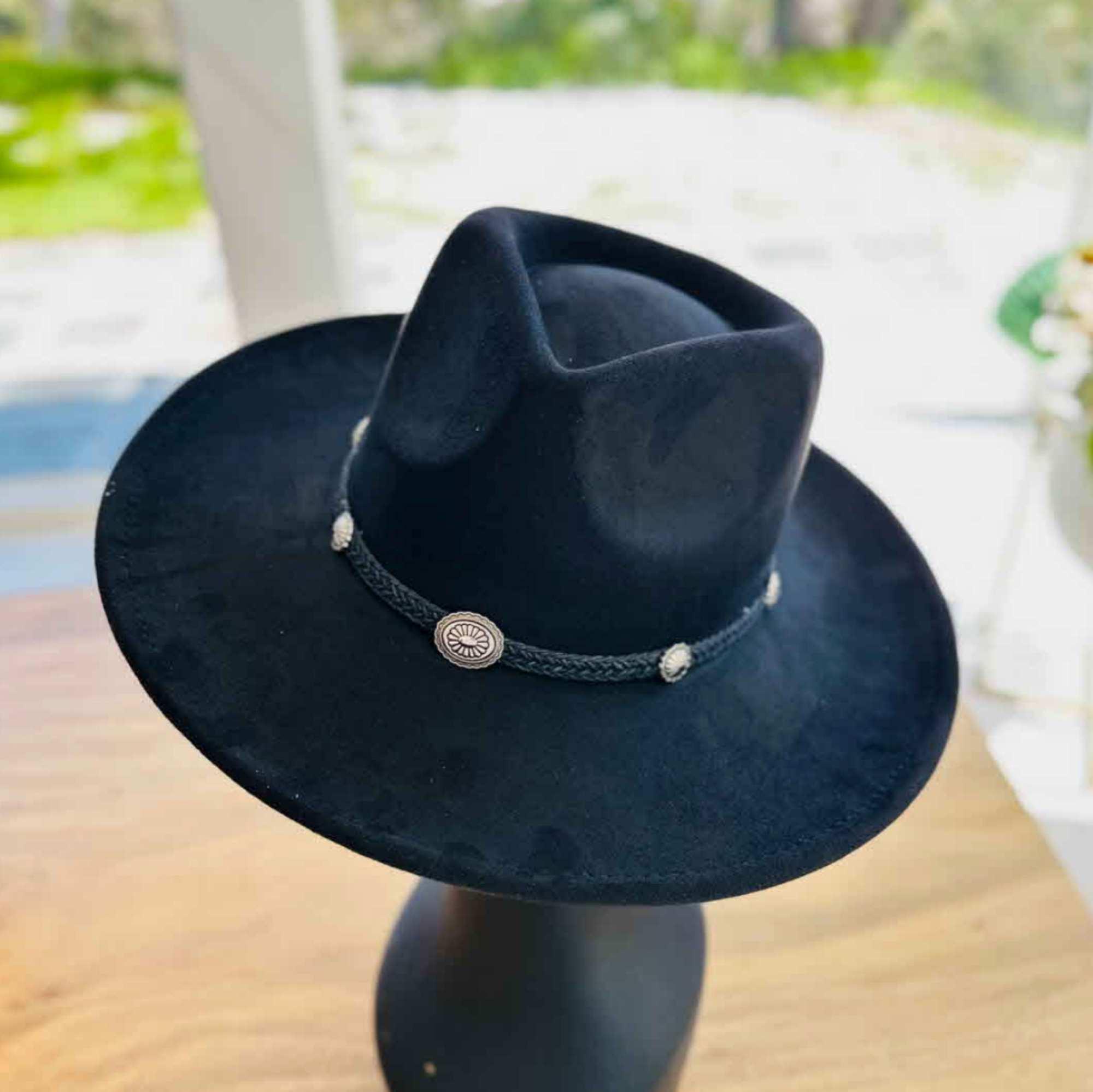 Unisex Suede Flat Top Hat/ Wide Brim/ Braided Band with Concho Women main image 4