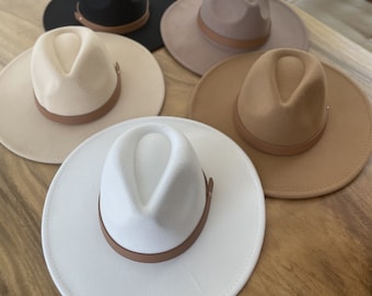 Premium Vegan Felt Wide Brim Panama Hat with Removable Leather Belt, Stiff Flat Brim Fedora for Women, 57cm Adjustable Fit