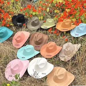 May include: A collection of thirteen cowboy hats in various colours including black, olive, sage, caramel, blue, peach, brown, orange, taupe, mint, pink, ivory, and tan. Each hat features a pinched crown and a wide brim, labelled with its colour name.