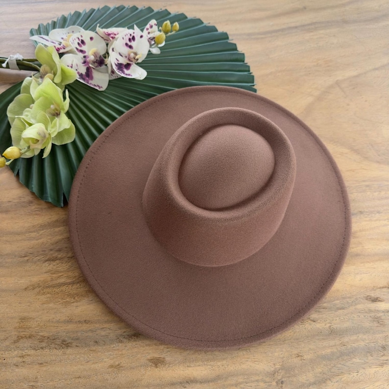 May include: A brown felt fedora hat with a wide brim and a slightly indented crown.