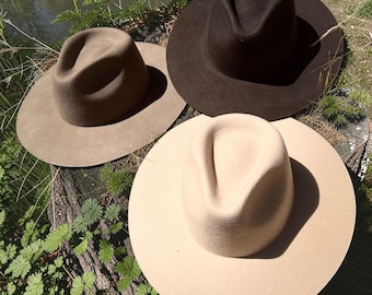 Wollen fedorahoed met brede rand | Oostenrijkse wol | Fedora vrouwen | Hoed met structuur | Camelzwart crème | Boho western herfsthoed