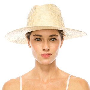 May include: A wide-brimmed straw hat with a light brown color. The hat has a slightly indented crown and a wide, flat brim.