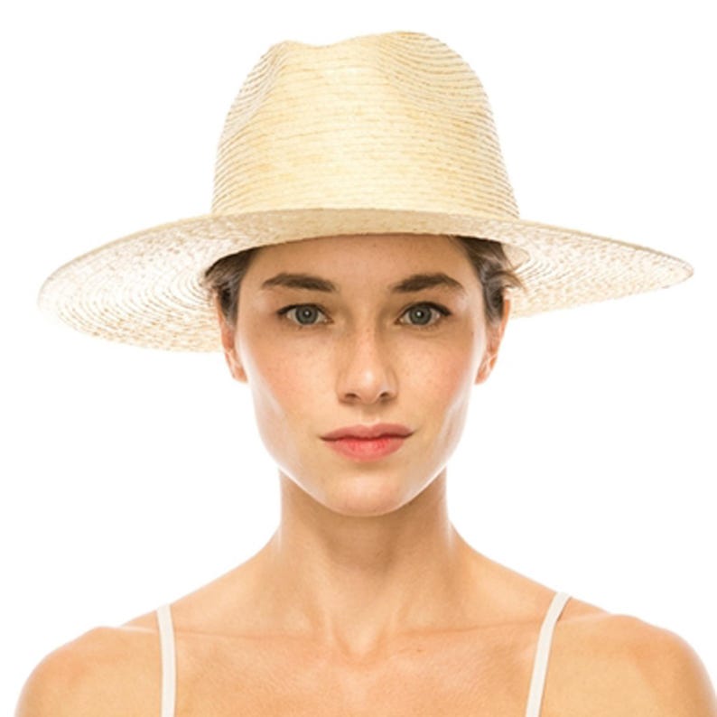 May include: A wide-brimmed straw hat with a light brown color. The hat has a slightly indented crown and a wide, flat brim.