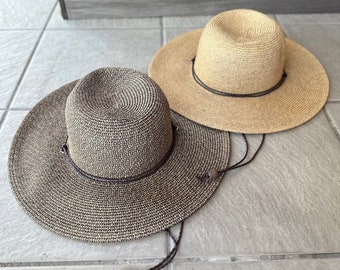 Wide Brim Straw Bolero Hat with Chin Cord, UPF 50+ Boater Sun Hat for Women, 57cm, All-Season Hiking or Fashion Hat