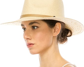 Cappello Panama in paglia Toyo intrecciata a mano con finiture in pelle vegana, cappello estivo leggero a tesa larga, vestibilità regolabile, stile resort