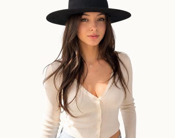 Fedora en laine à large bord | Laine autrichienne | Fedora femme | Casquette structurée | Crème noire chameau | Chapeau bohème western d'automne