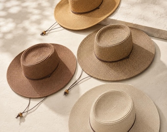 Wide Brim Boater Sun Hat with Chin Strap, UPF 50+ Straw Sun Hat, Womens Western Hat, Gambler Hat, Resort Beach Hat