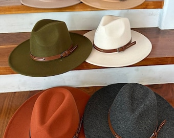 Vegan Felt Wide Brim Fedora Hat with Double Buckle Band | Flat Stiff Brim | Unisex Adjustable Fit | 57cm | Fashion Hat for Men & Women