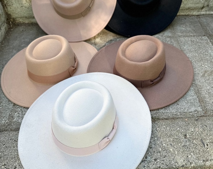 Vegan Felt Bolero Hat | Wide Brim Boater, Western Style, Grosgrain Ribbon