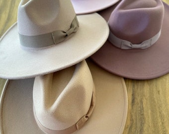 Vegan Felt Fedora Hat: Wide Brim Panama with Ribbon, Adjustable Fit